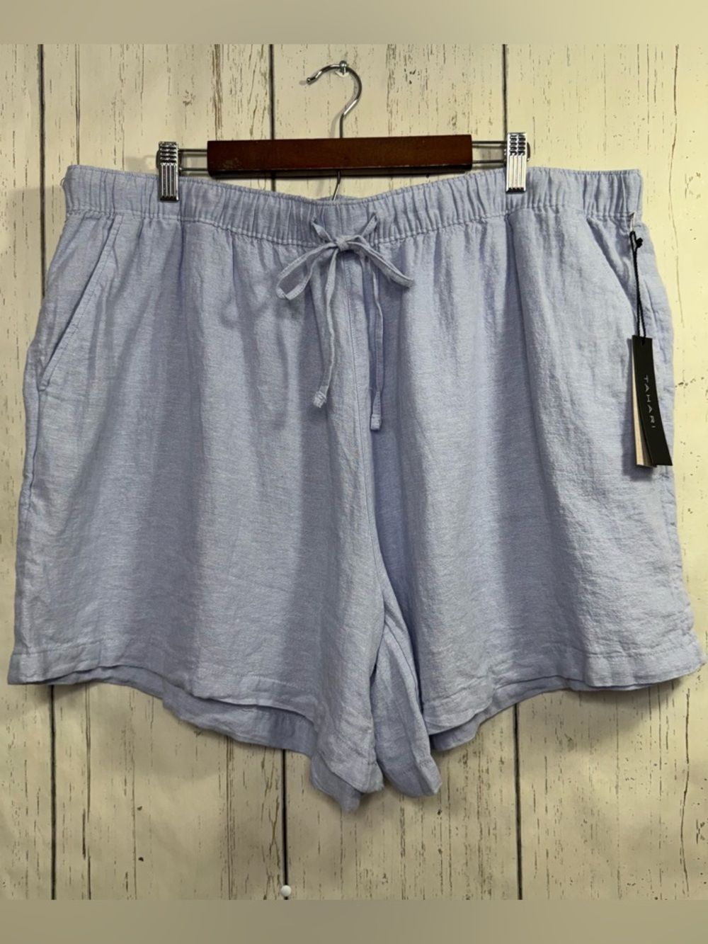 Tahari Light Blue 100% Linen Drawstring Shorts Size 2X Summer Coastal Beachy